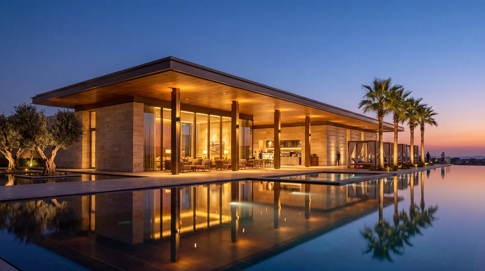 Contemporary clubhouse with a pool terrace at dusk