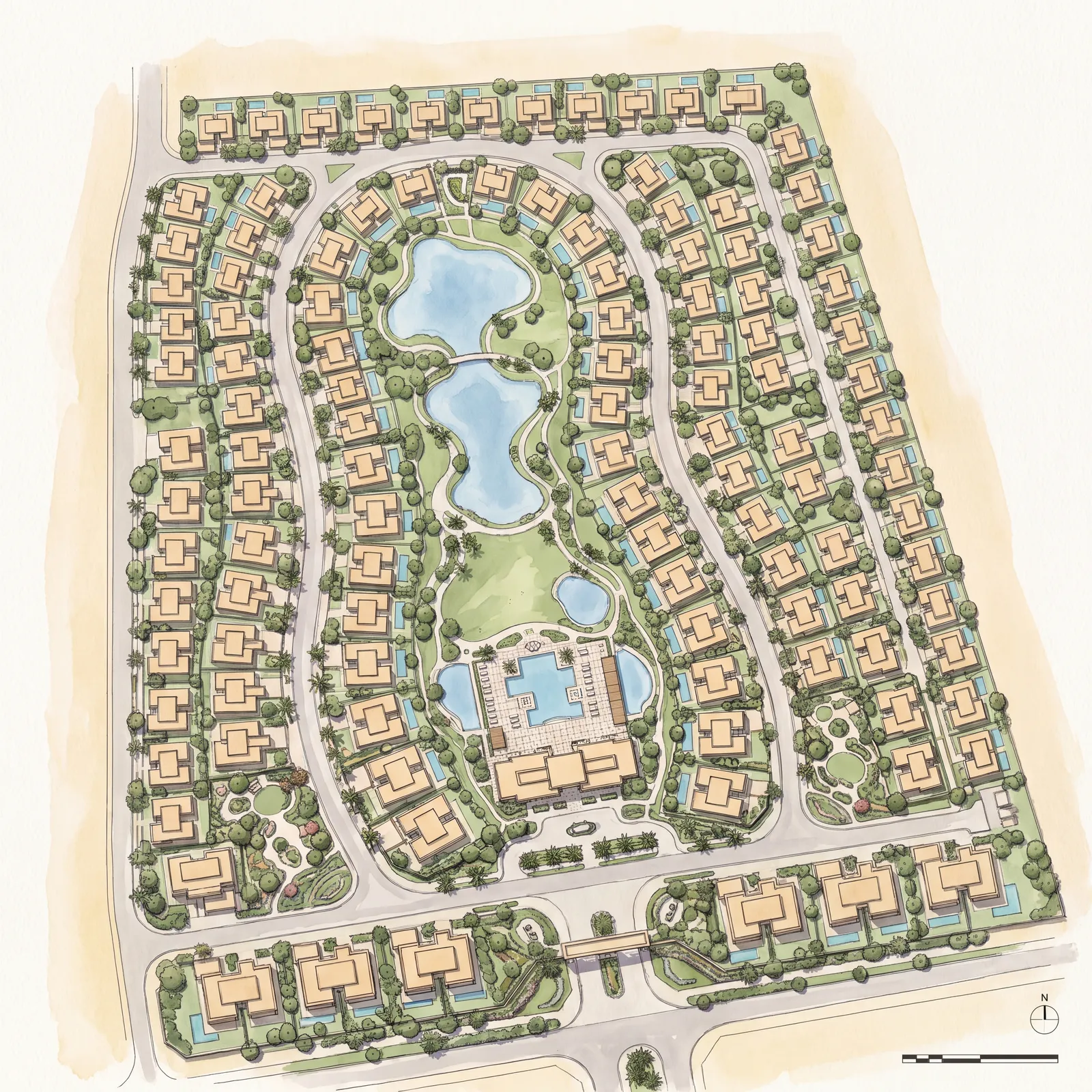 Rendered masterplan drawing of a residential compound