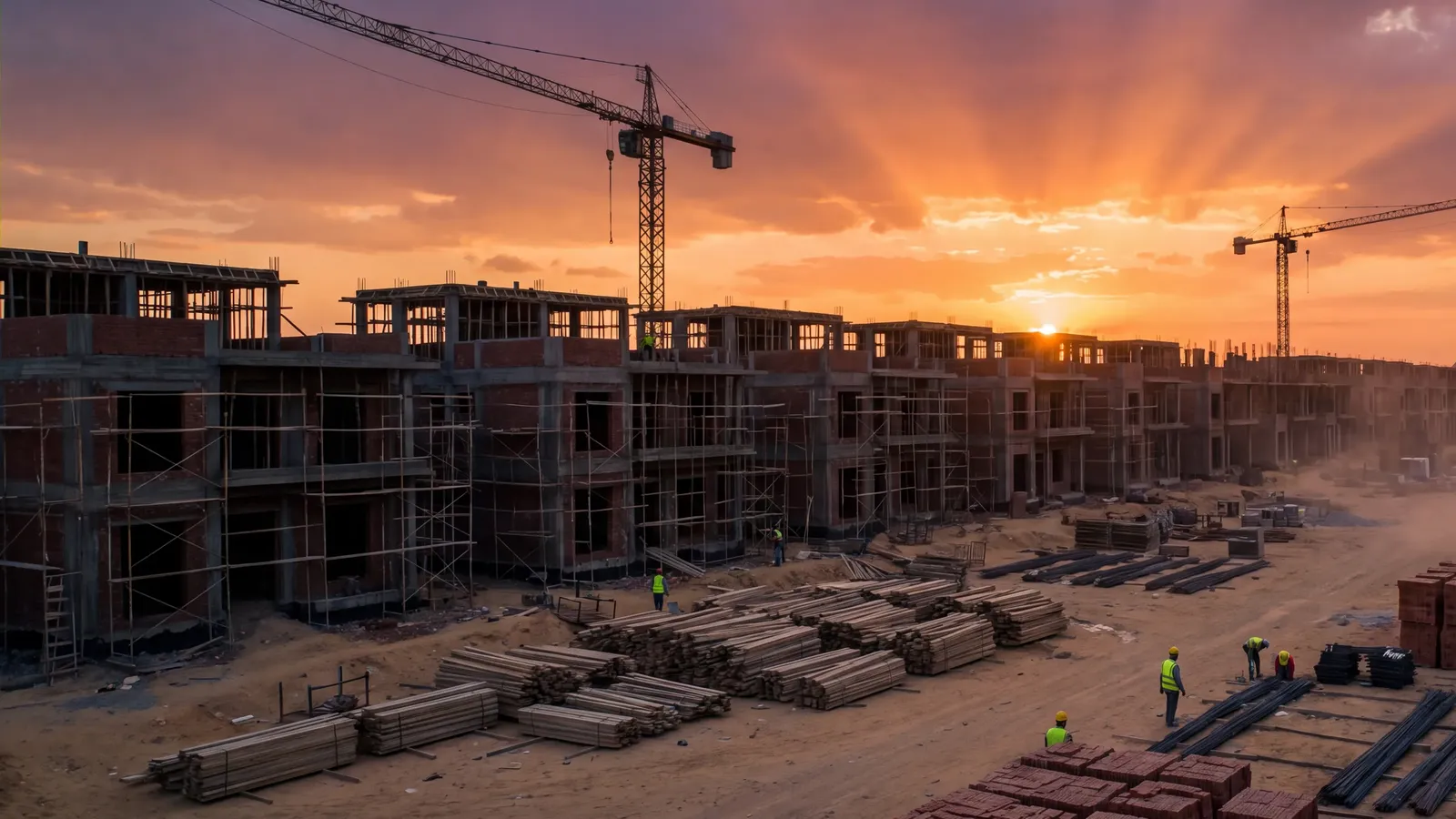 Villa development under construction at sunset