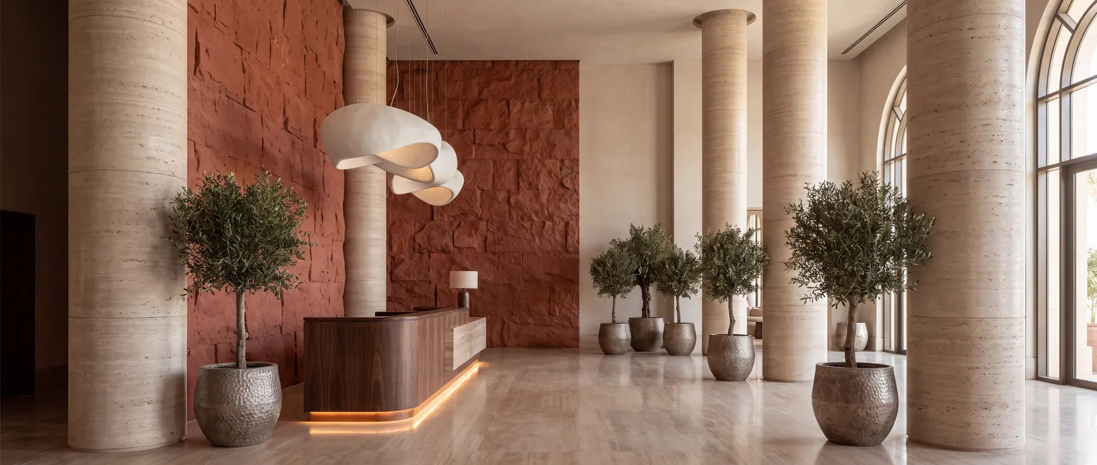 Hotel lobby with travertine columns and a sculptural pendant