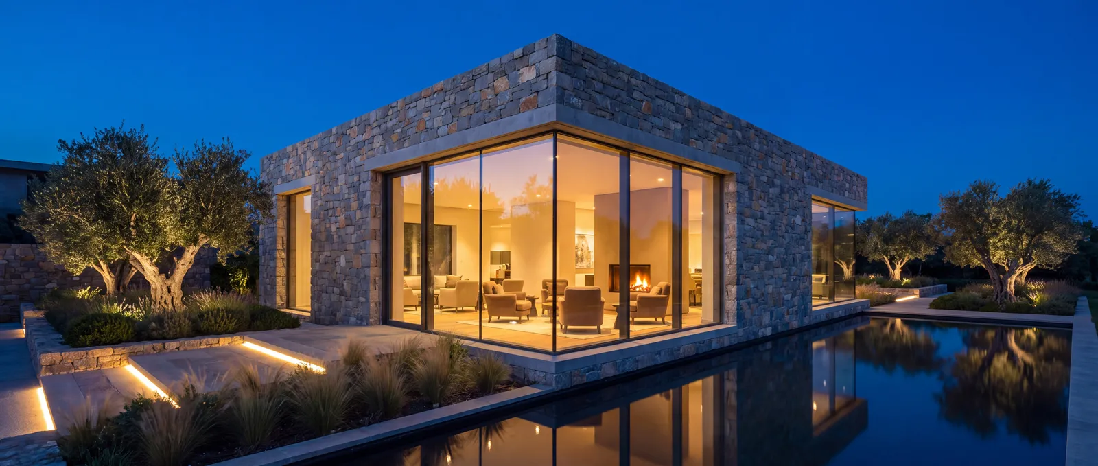 Stone-and-glass sales pavilion at blue hour with a reflecting pool