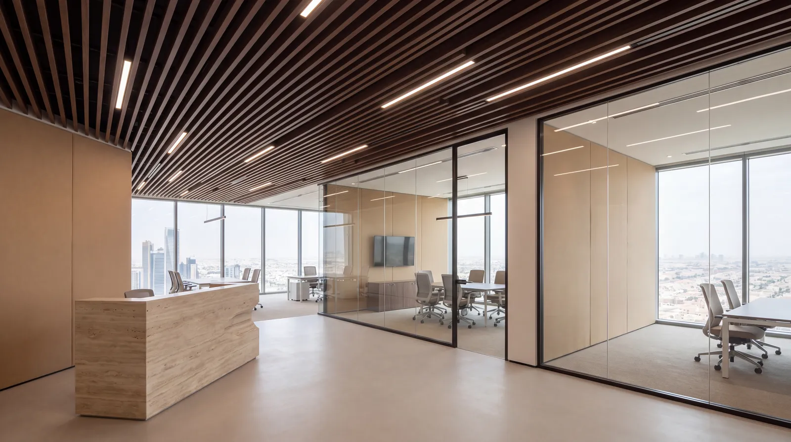 Corporate office fit-out with walnut ceiling baffles and glass meeting rooms