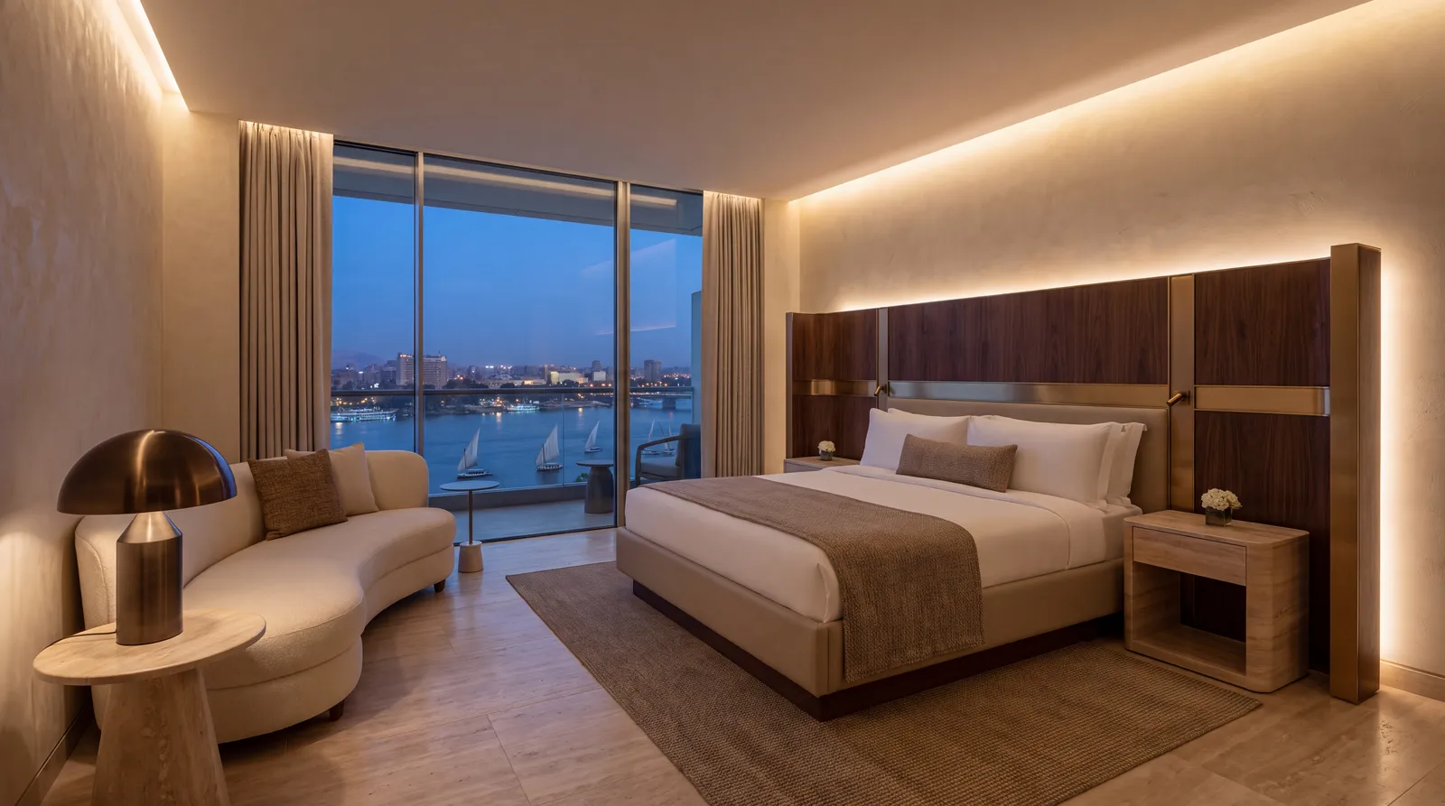 Hotel suite interior in travertine and walnut