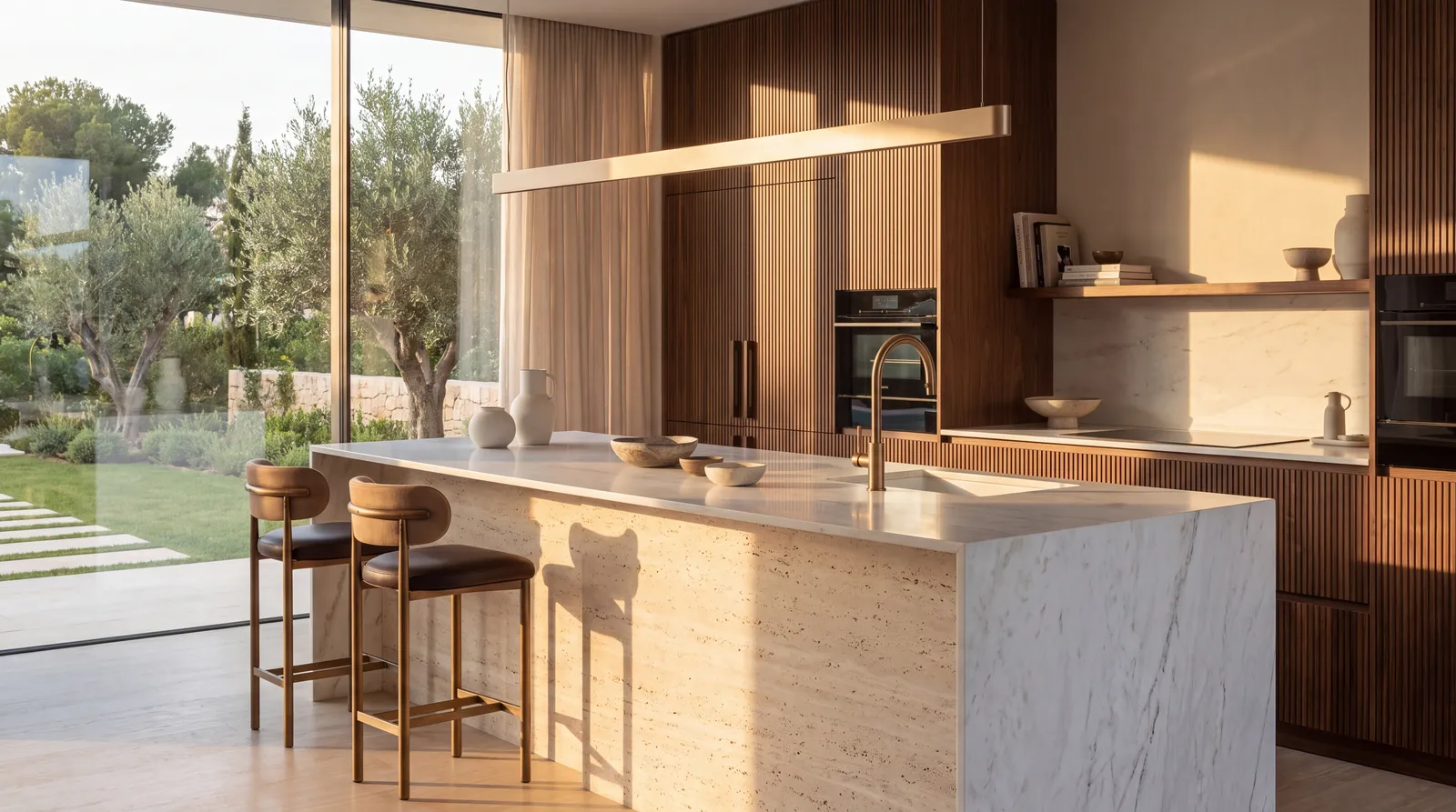 Travertine and walnut kitchen with a sculptural island