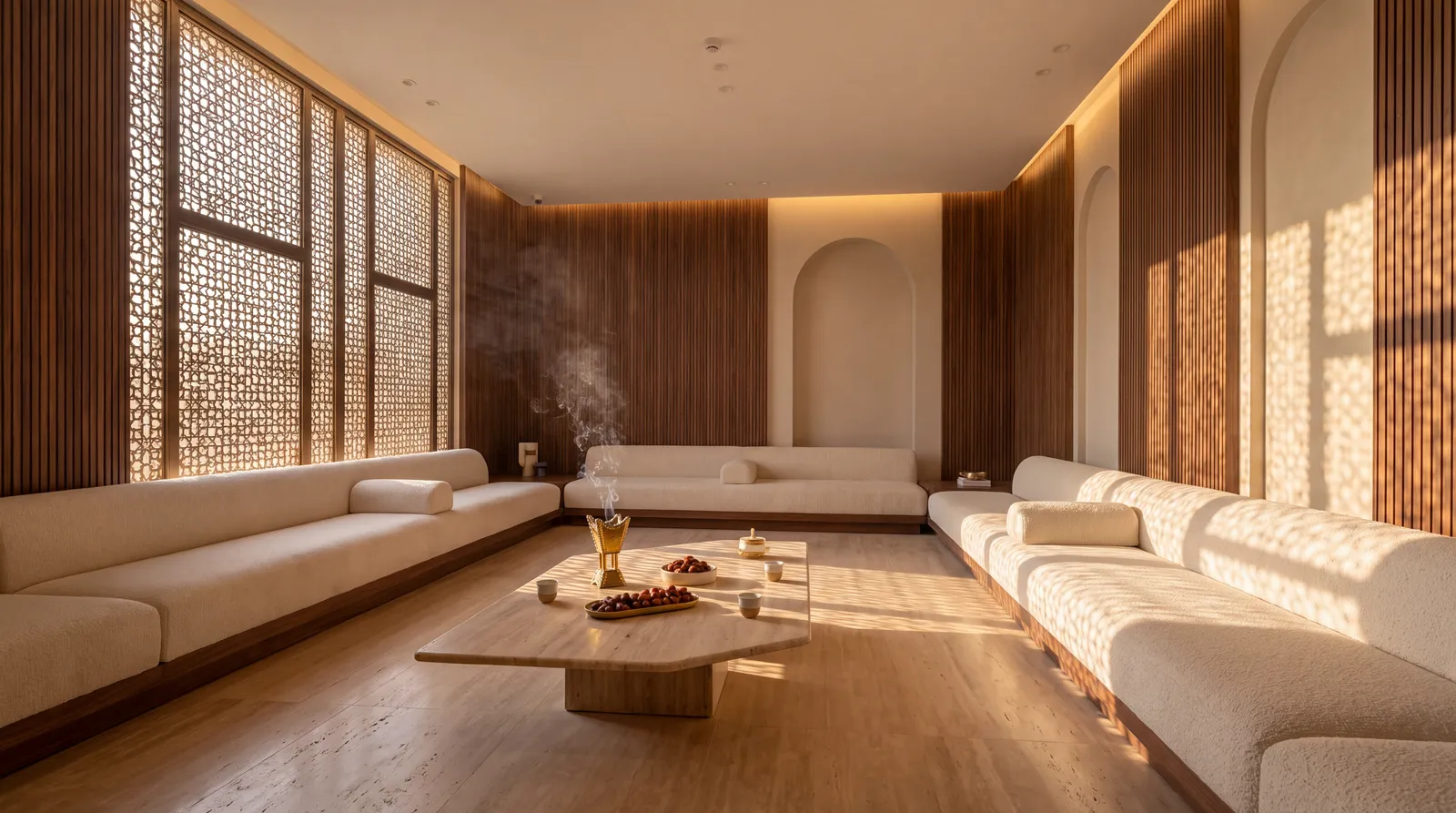 Contemporary majlis with boucle seating, travertine and fluted walnut