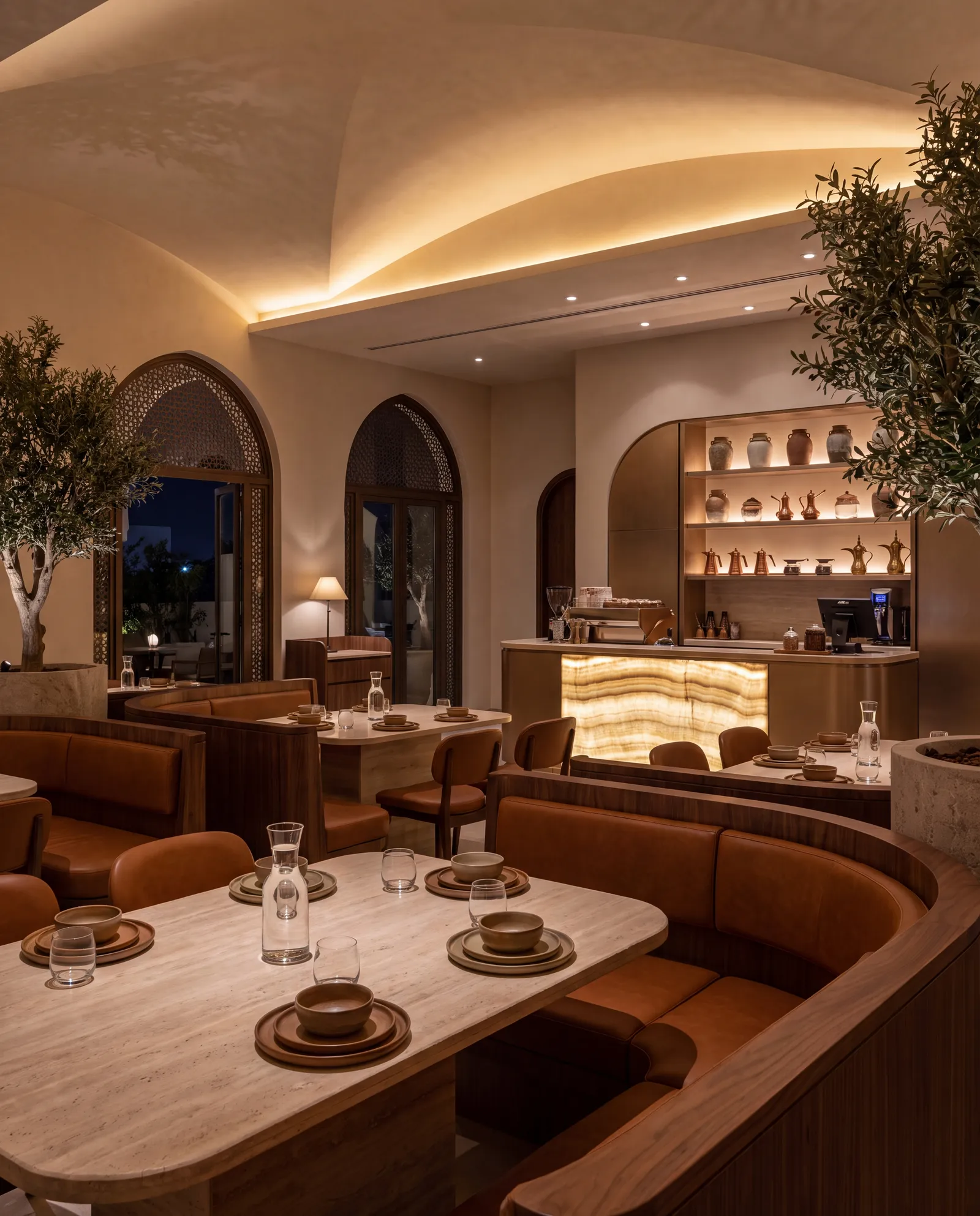 Restaurant interior with warm lighting and walnut joinery