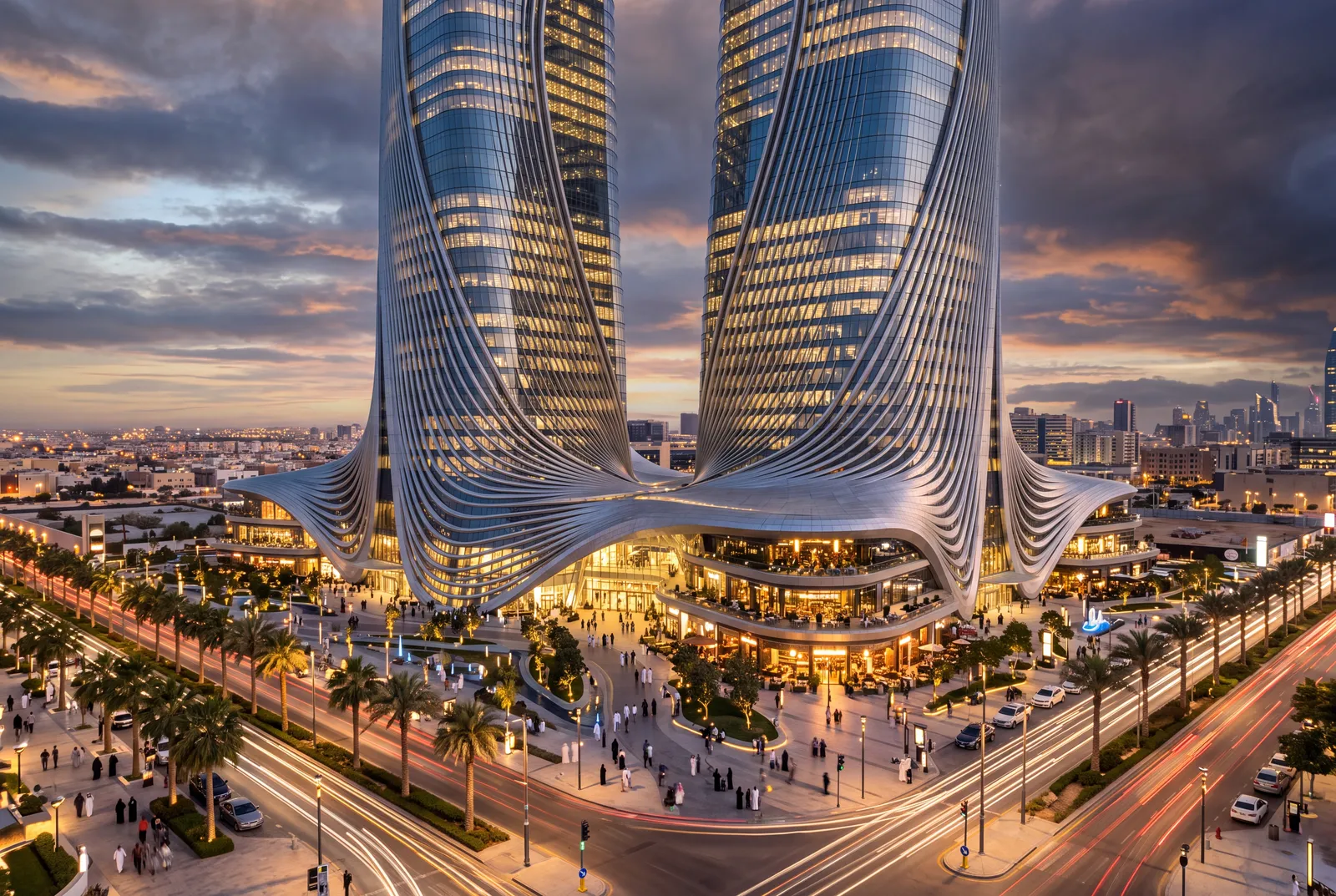 Twin sculptural towers with a wave-shaped podium at dusk in Riyadh