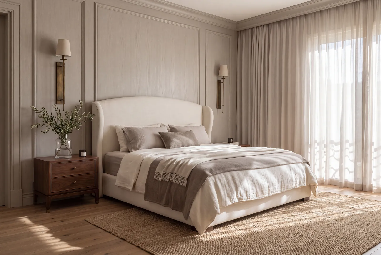 New-classic master bedroom with panelled walls