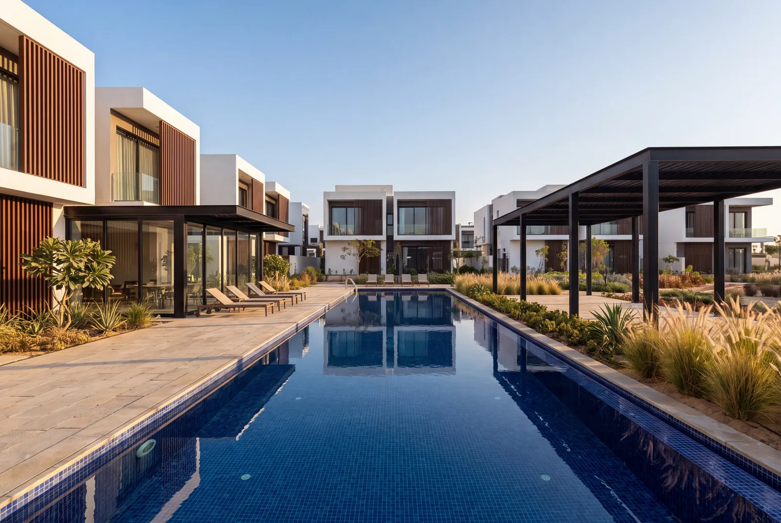 Community centre with white volumes, timber fins and a lap pool