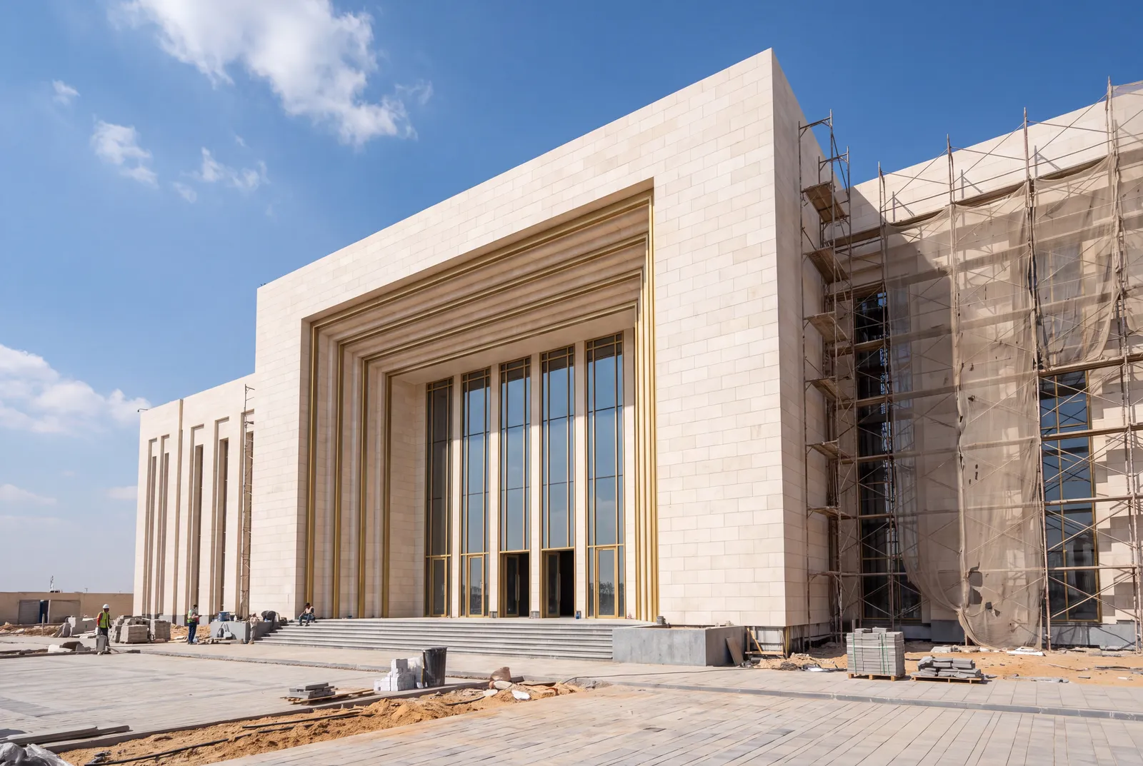 Monumental limestone event venue with a golden-framed portal
