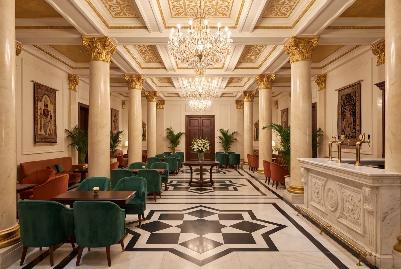 Neo-classical hotel lobby with gilded capitals and geometric marble