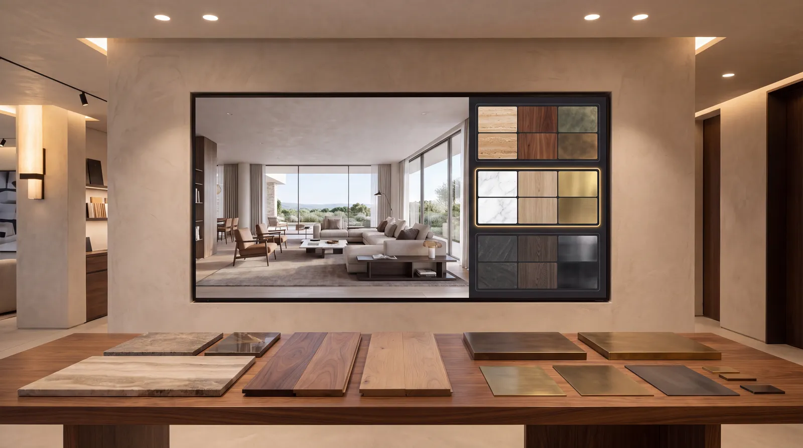 Screen showing an interior finish configurator with three material palettes