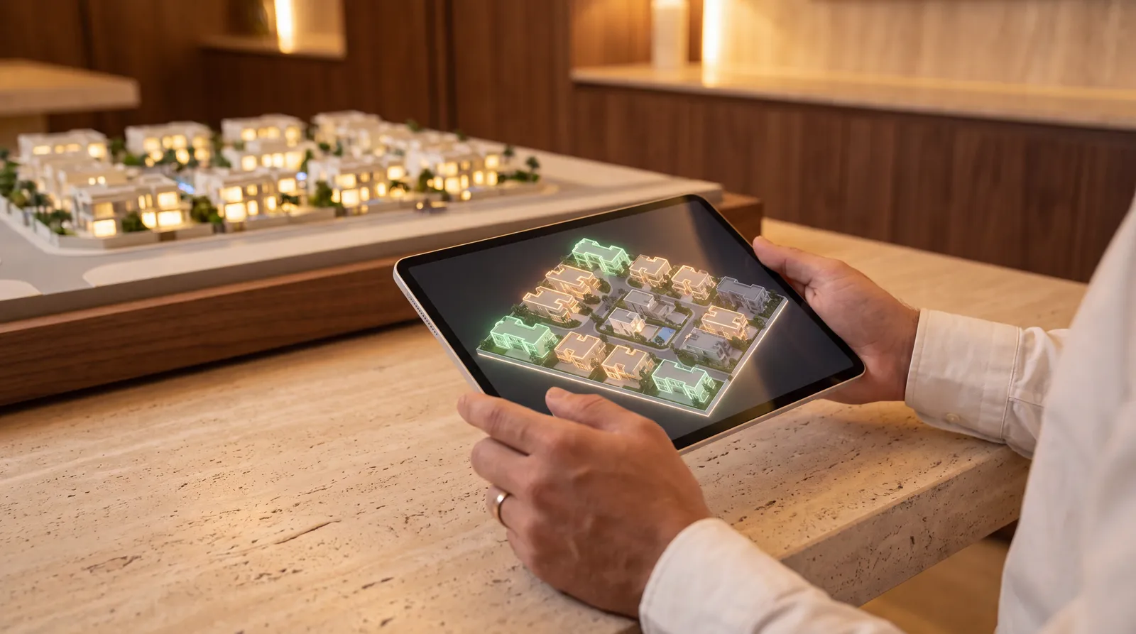 Tablet showing a 3D digital twin of a compound with unit availability colours