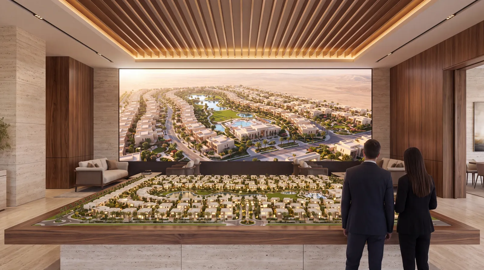 Off-plan sales gallery with an interactive model table and a large screen