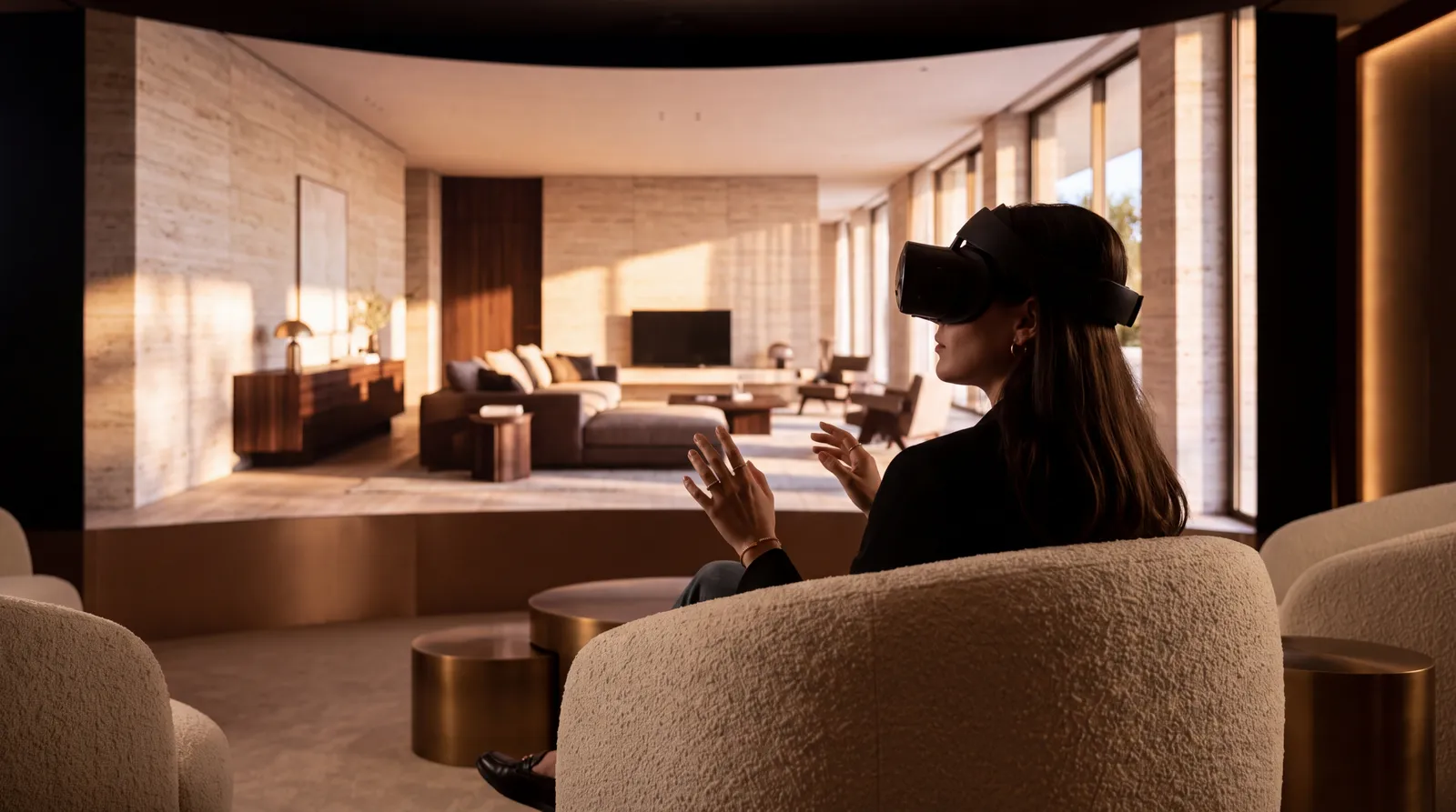 Client wearing a VR headset while a compound interior is projected