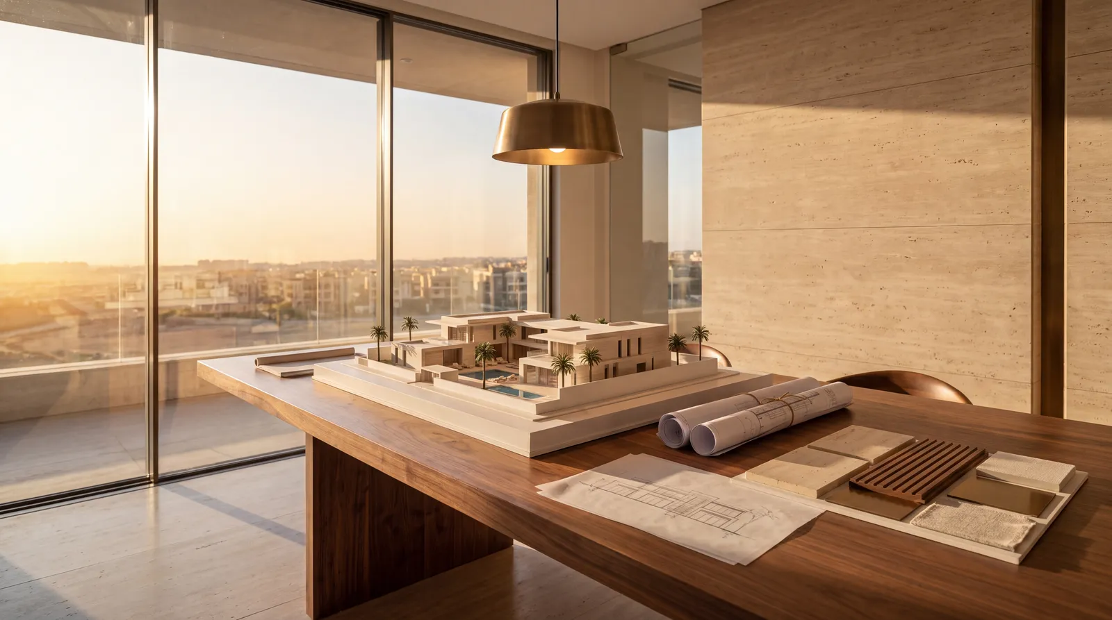 Architect's studio: scale model, drawings and material samples on the desk