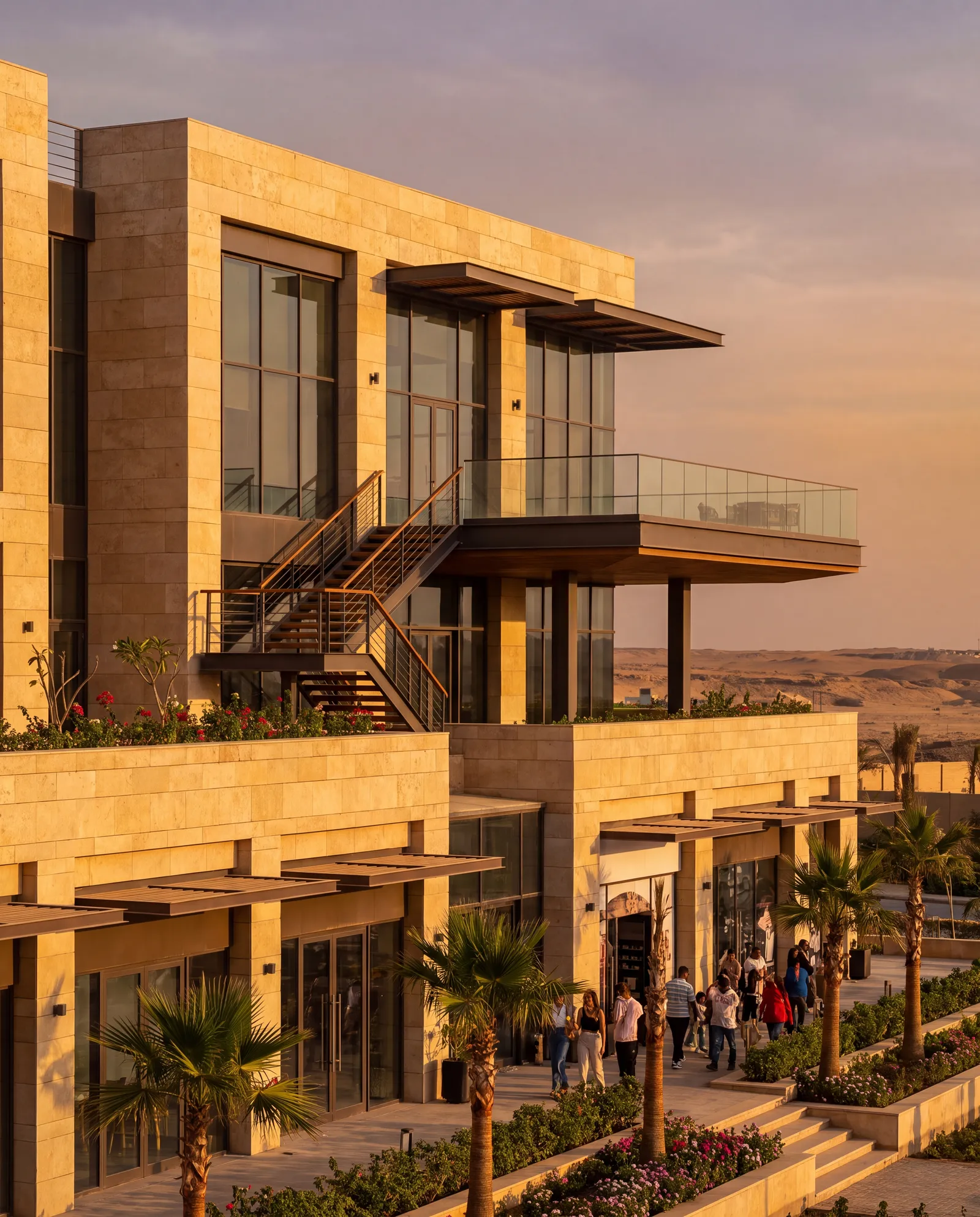 Limestone clubhouse with a cantilevered terrace and retail frontage