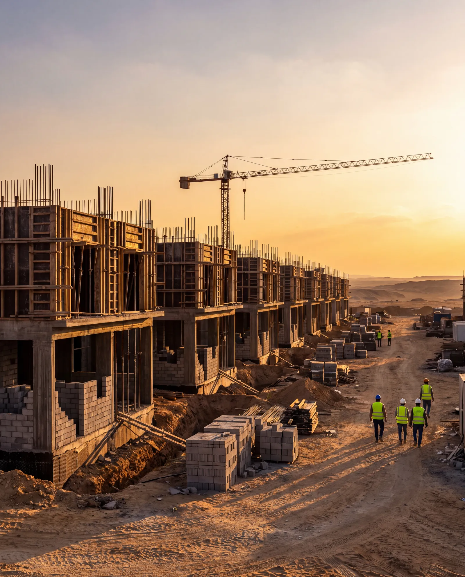 Villa concrete frames at golden hour with a crane and engineers on site