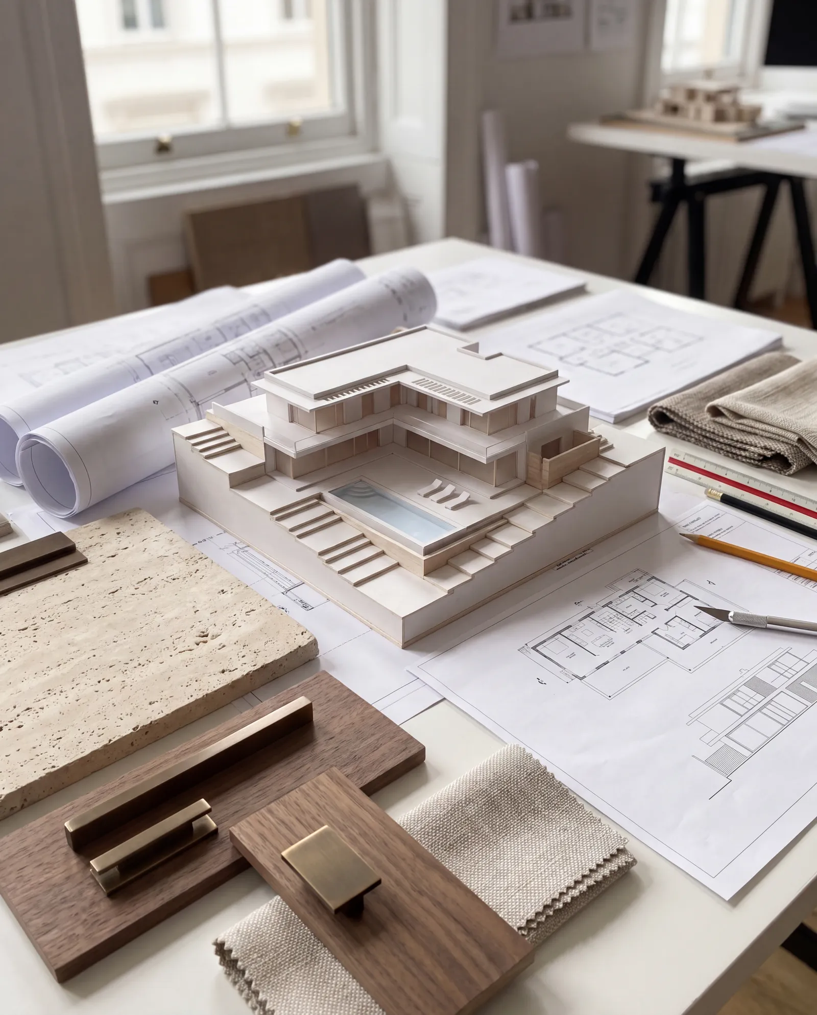 Architect's table with a villa scale model, plans and travertine, walnut and bronze samples