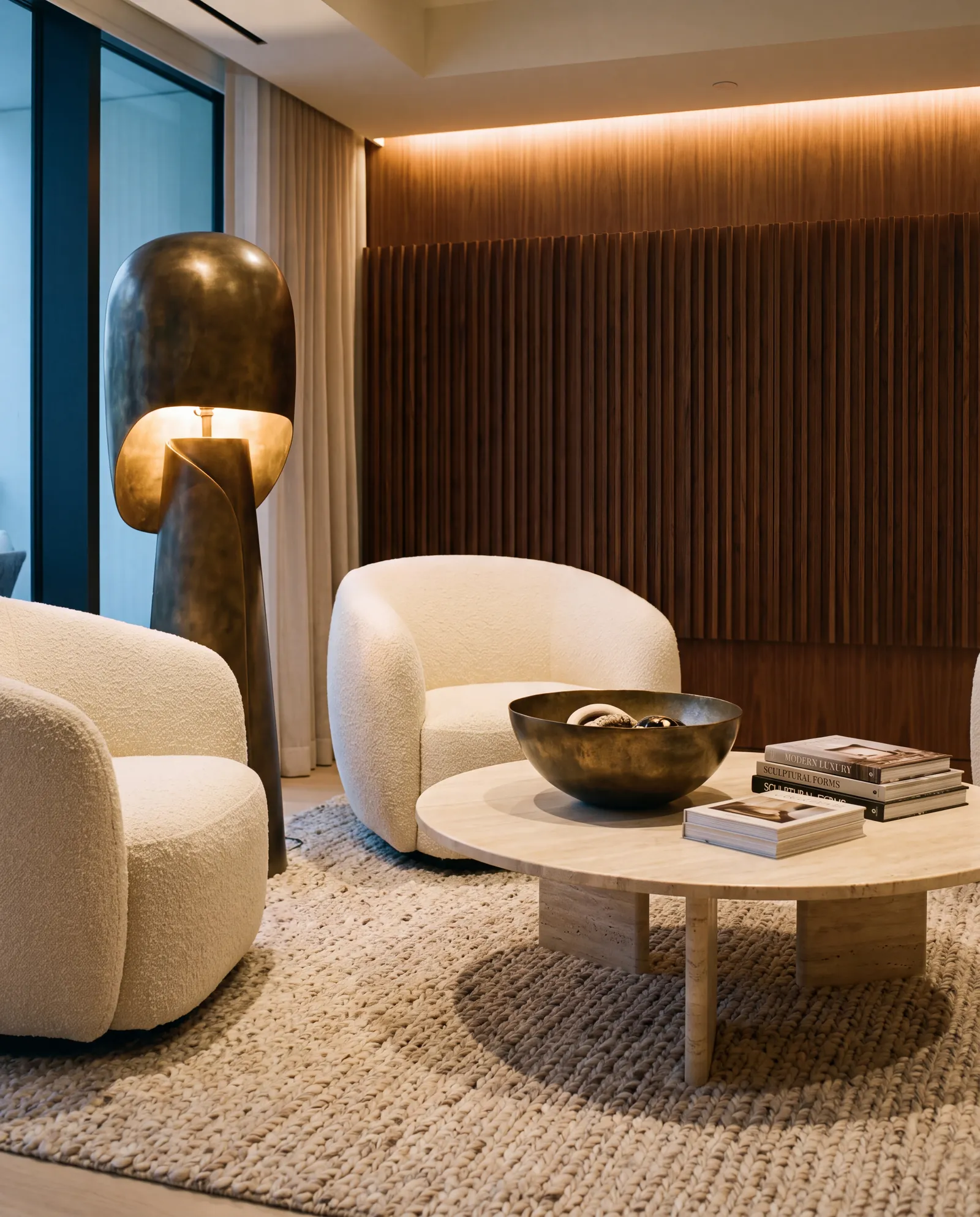 Boucle chairs around a travertine table with a bronze lamp and fluted walnut panelling