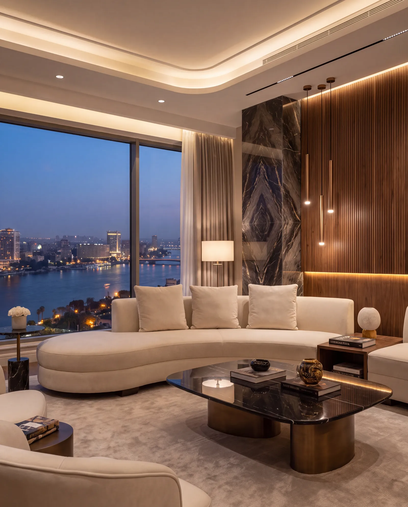 Luxury living room with a marble column and a Nile view at dusk
