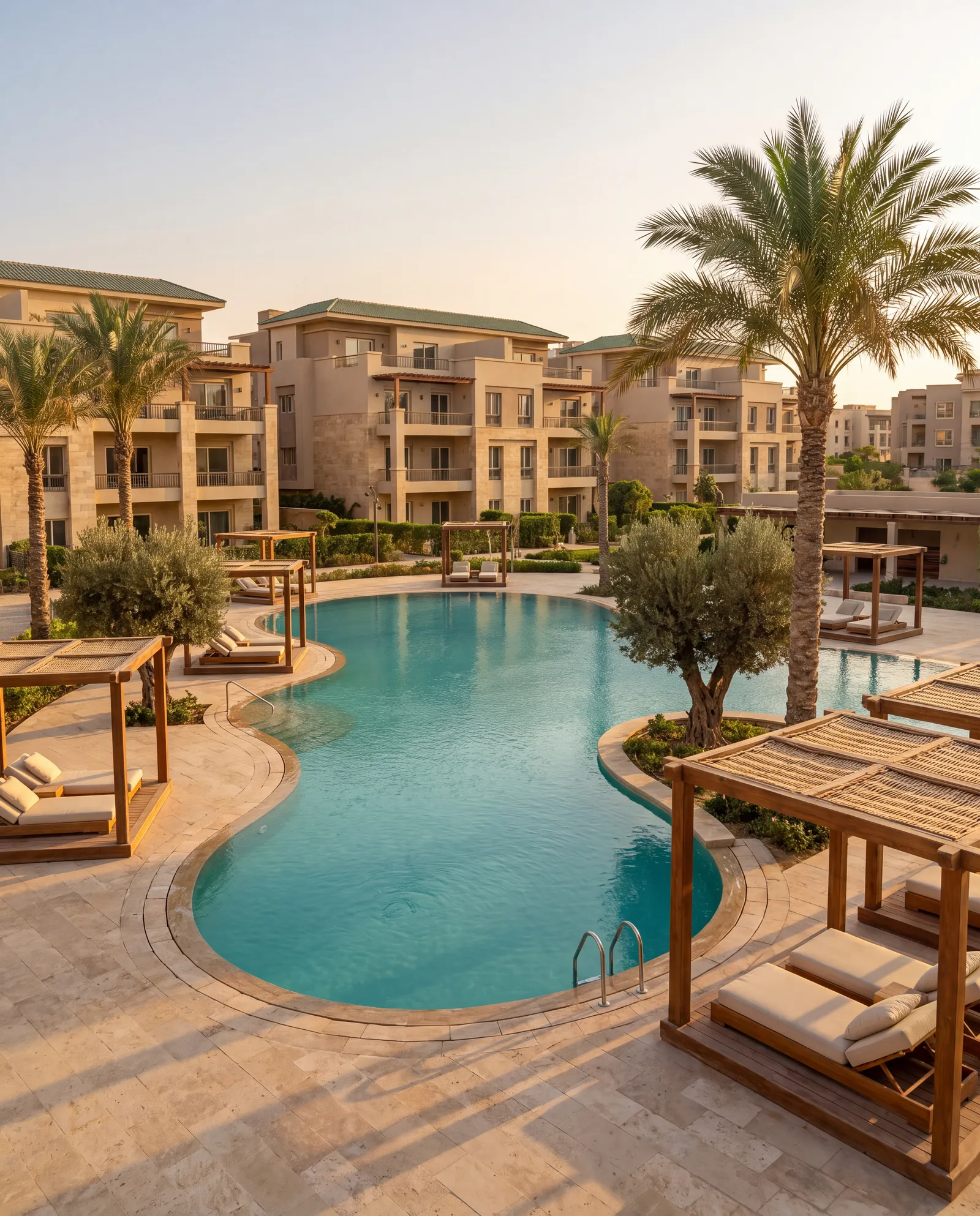Resort-style compound pool with timber pergolas and palm trees