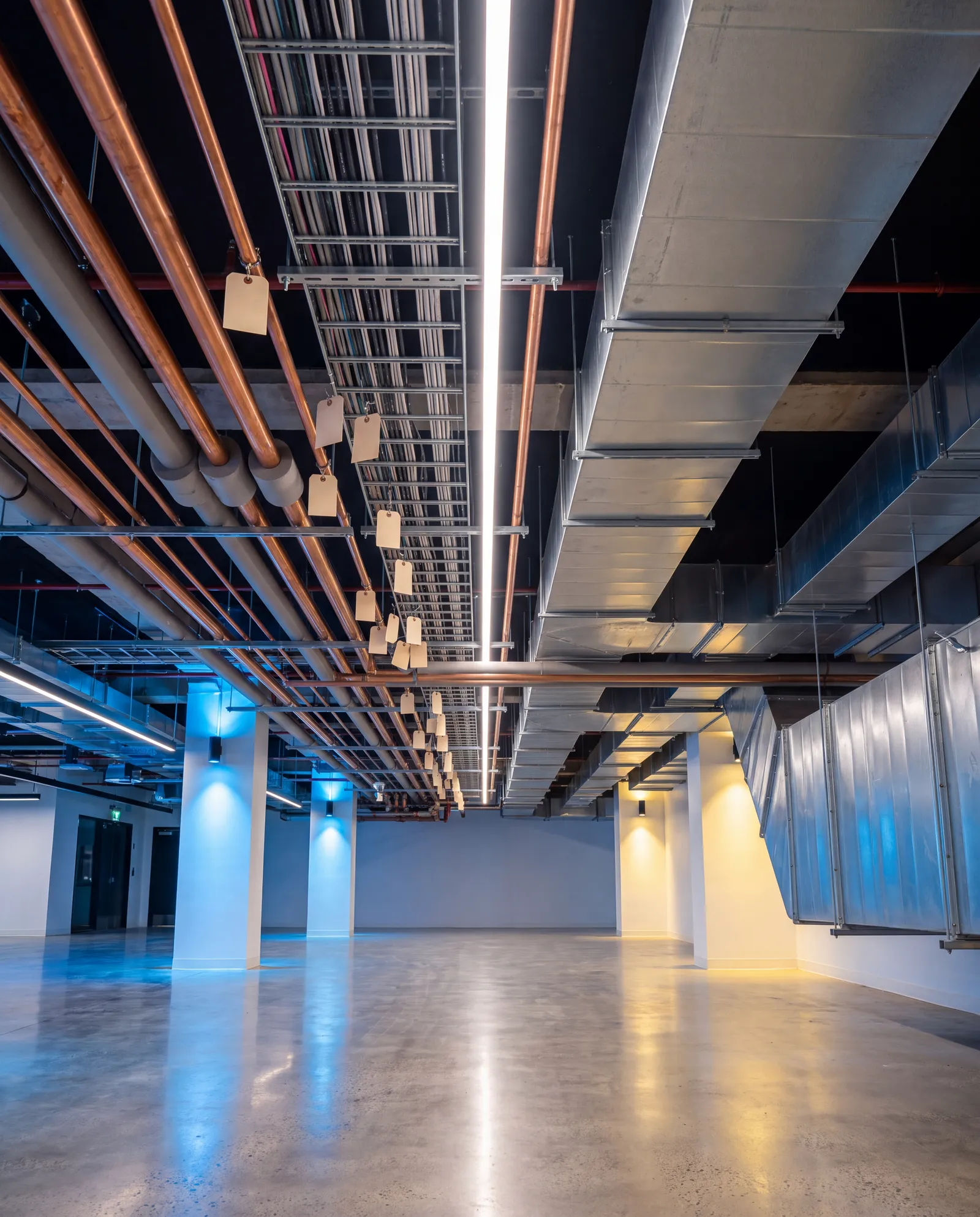 Coordinated copper pipes, cable trays and HVAC ducts in a ceiling void