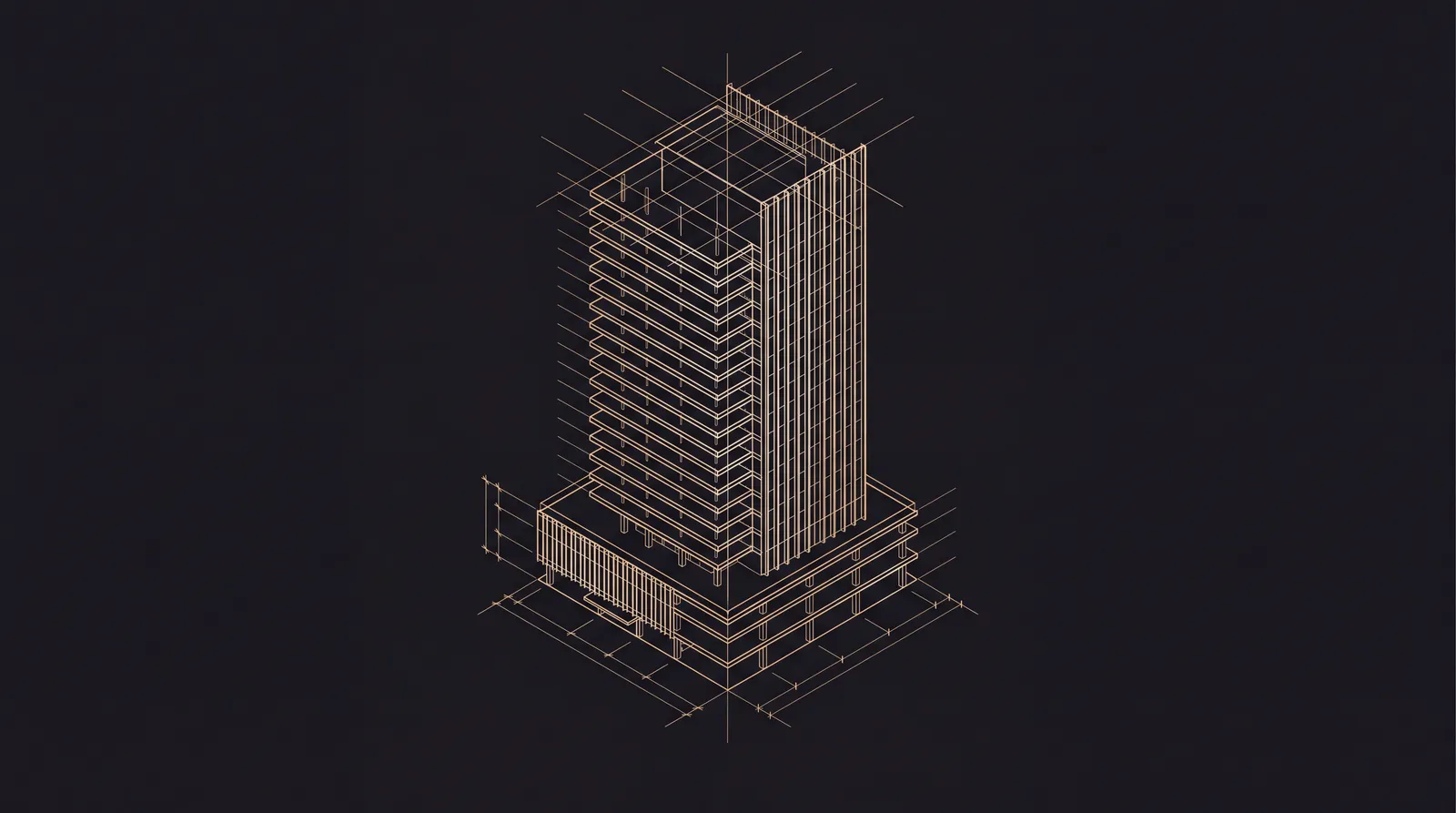 Gold isometric line drawing of a tower on a dark ground, the start of the NoVi film from drawing to built form