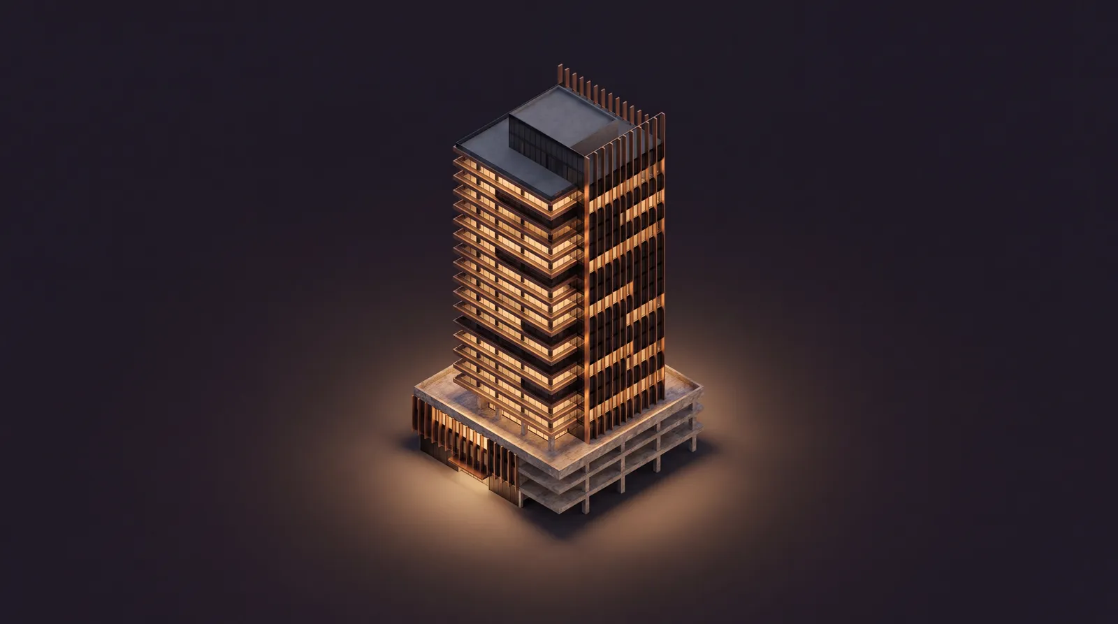 Completed mixed-use tower at blue hour