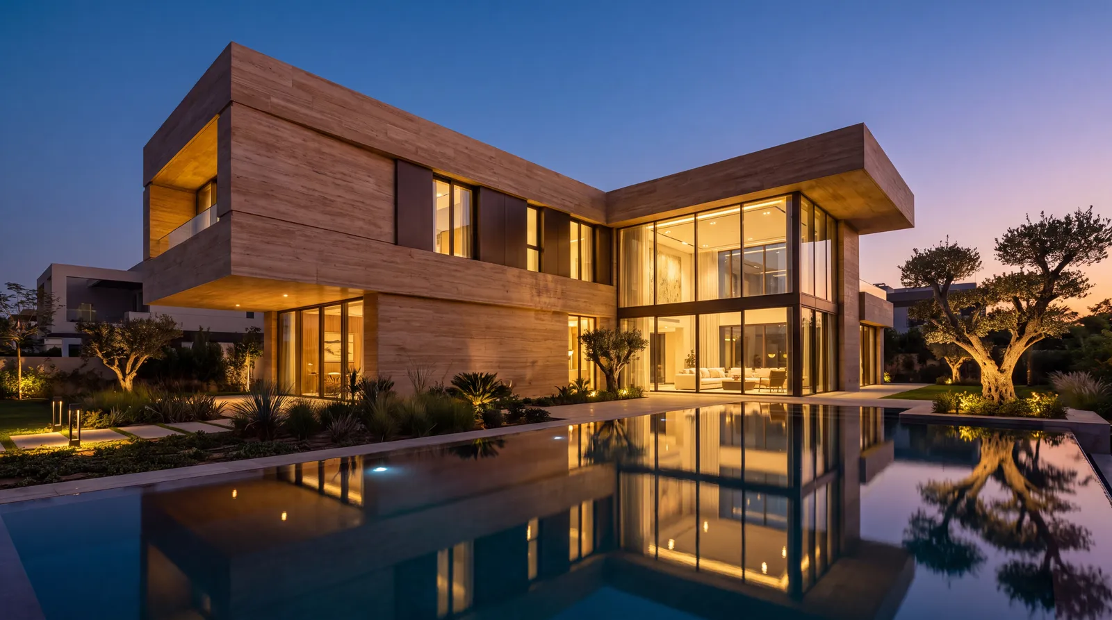 Contemporary travertine villa with an infinity pool at dusk